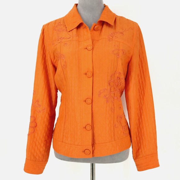 Chicos Jacket 1 Womens Medium 8 Orange Embroidered Floral Blazer Pockets Career - Picture 1 of 15